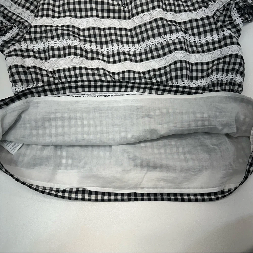 J. Crew Black and White Gingham Smocked Waist Puff Sleeve Blouse